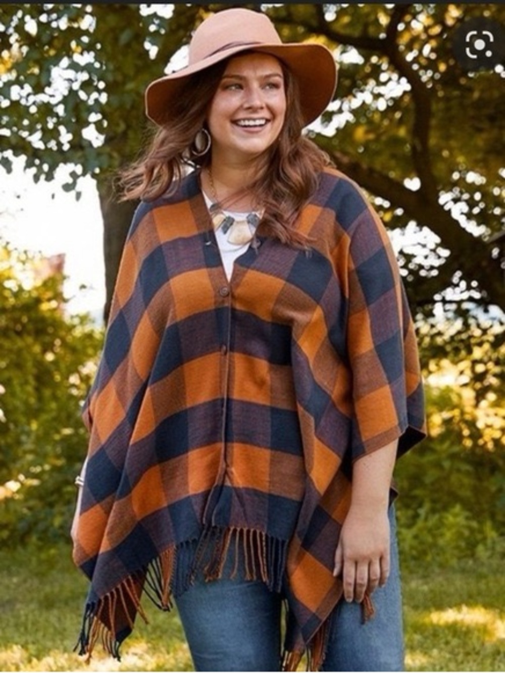 Matilda Jane Plaid Fringe Poncho in Burnt Orange and Navy